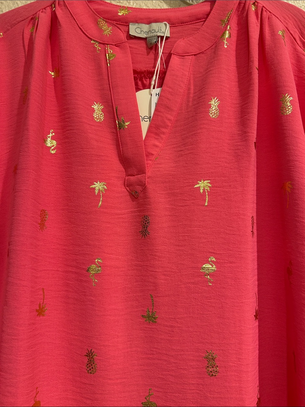 Chenault Coral Pink Short Sleeve V-Neck Blouse with Gold Pineapple Motif - Picture 2 of 7